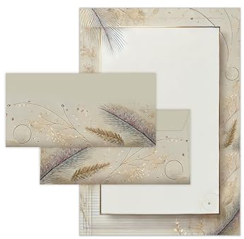 Briefpapier-Set 25 Motivpapier DIN A4 + 25 Umschläge DIN-lang haftklebend Naturfarben Elegante Federn - Naturskizzen Papier beidseitig beschriftbar für Einladung Briefpost Firmenpost Zertifikate