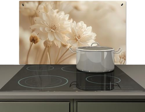 KitchenYeah© Paraschizzi Cucina Pannello Dietro Piano Cottura Fornelli a | 83x51 cm - Gas Paraspruzzi, Protezione Induzione Fiori - Beige - Natura