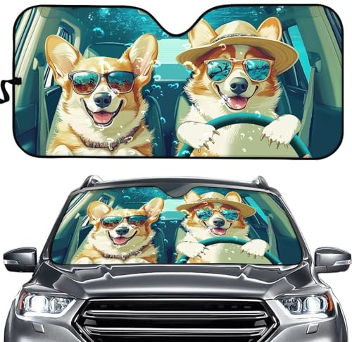 Hixingo Auto Frontscheibe, 3D Meerestiere Motiv Sonnenschutz für Windschutzscheibe, UV-Schutz Frontscheibenabdeckung, Faltbares Design Auto Sonnenschutz, für meisten Autos (Hund)