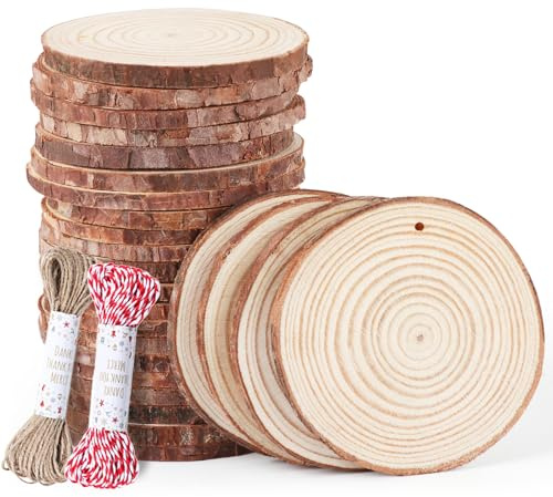 36 Stücke Holzscheiben, 7-8cm Baumscheiben zum Basteln mit 20m Seile, Runde Holzscheiben mit Löchern für Heimwerken, Basteln, Hochzeiten, Feiertagsdekorationen, Holzuntersetzer,Namensschilder Hochzeit