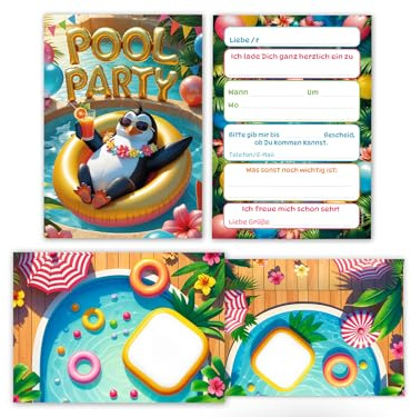 Junaversum 12 Einladungskarten inkl. 12 Umschläge zum Kindergeburtstag Schwimmbad Pool Party Pinguin Mädchen Jungen Kinder Einladungen Geburtstag Geburtstagseinladungen Kids