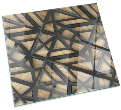Placa para Chimenea 60x60 cm Decoración de la Sala de Estar Cristal Templado Chispas y Arañazos Protector Resistente a Altas Temperaturas Protector de Suelo - Geometría con Madera