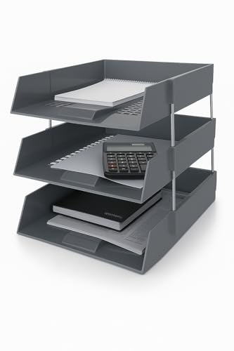 OS Smart Choice A4 Letter Trays, 3-Tier Stackable Document Organiser, Plastic Desktop Filing System, GREY