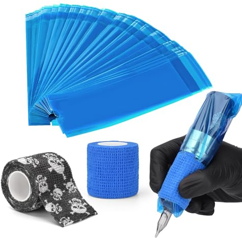ATOMUS 200pcs Sealable Wireless Tattoo Pen Covers Blå med 2pcs Grip Tapes Bandage Set Engångsplast Tattoo Pen Bags Kit Tattoo Machine Tillbehör