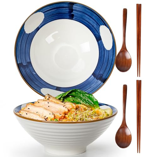 TuYines Bols à ramen en céramique Set de 2,Ramen Bol,1200 ml Bols à ramen Japonais,bol en céramique pour Ramen, salade, céréales,avec baguettes et cuillères