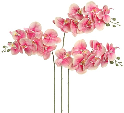 Briful 3 PCS Artificial Orchid Stems - 28.3 Real Touch Fake Orchid Stem with 7 Blossom - Pink Artificial Flowers Silk Phalaenopsis for Floral Arrangement, Centerpieces, Wedding Décor