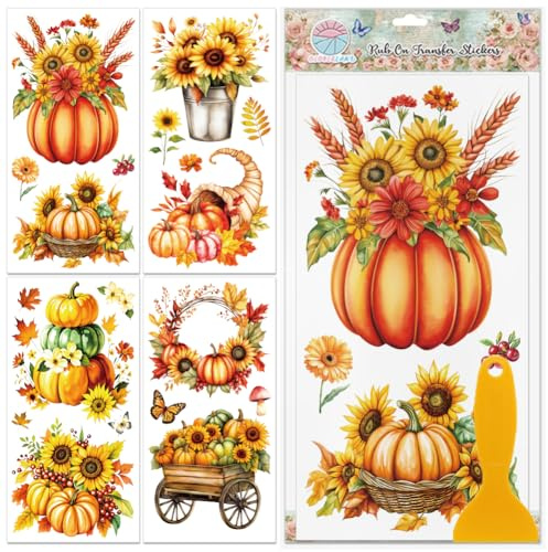 GLOBLELAND 4 Blatt Bunte Herbstkürbis Transferfolien Zum Aufreiben Sonnenblumen Möbeldekor Transferfolien Blumen Aufkleber Für Schlafzimmer Wohnzimmer Schreibtisch Tischdekoration