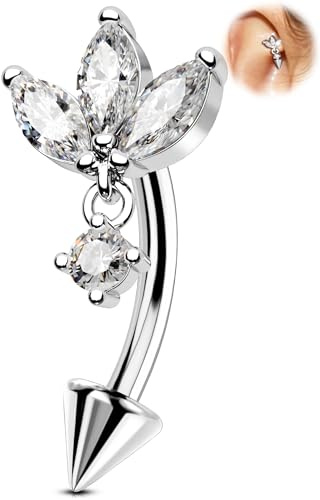 OUFER Joyería de Piercing Interno Rook 16G Acero Inoxidable 316L Barra de Ceja con Flor 8 mm Barra Curva Daith Hélice Joyería de Piercing Pendiente 8mm Labio Vertical Orbital Anillo Conch para Mujeres