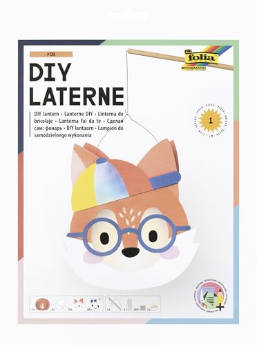 folia 95303 - DIY Laterne FOX, ca. 26 x 22,5 x 6 cm - Laternen Bastelset gestaltbar als Fuchs mit Mütze, inkl. LED Licht, 2 Batterien und Klebepad