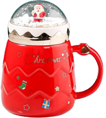 Huiyiwert Cute Weihnachtstasse Porzellan Kaffeebecher mit Deckel große Kaffeetasse mit Miniatur Weihnachtsdeko süße Teetasse Geschenk für Weihnachten Neujahr Geburtstag (Rot)