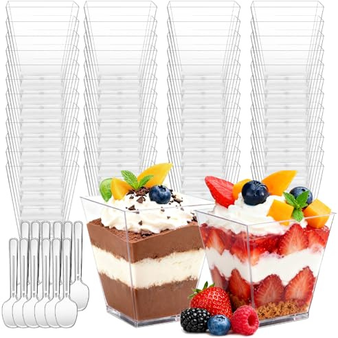 PXBSNB Dessertgläser Plastik 160ml/5OZ, 50 Stück Desserttasse mit 50 Löffeln, Dessertbecher Plastik Wiederverwendbar, Transparent Dessertschalen Eckig für Mousse Pudding Dessert Eis Party Picknick