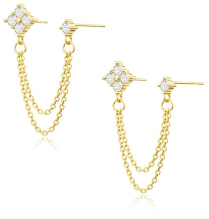 HARJJME Ohrringe Silber 925/Glod für Damen 14K Vergoldet Ohrring Kette Hängend Wasserfest Doppel Piercing Ohrstecker Kleeblatt CZ Ohrringe für Mehrere Ohrlöcher Schmuck Geschenk