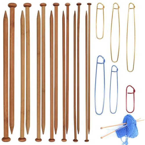 Set di 7 paia di ferri da maglia in bambù, a punta singola, dritti, lisci, lunghi, in legno per cappelli, sciarpe, coperte - Regalo per principianti/appassionati di maglia