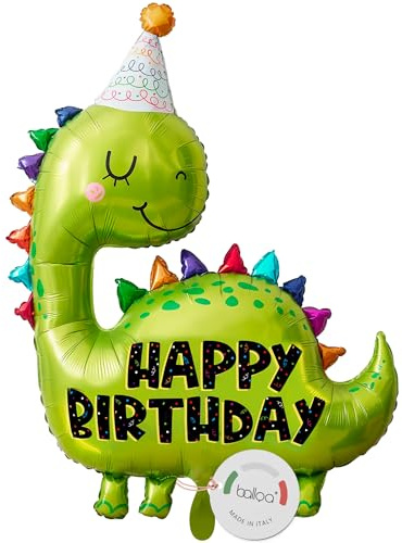 balloa Folienballon Dino Happy Birthday, XXL Geburtstagsdeko, 92 cm | Grüner Dino mit Partyhut und Happy Birthday Aufdruck, XXL Tierform, heliumgeeignet, ungefüllt, Deko für Dino-Partys
