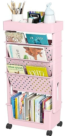 yeavs 5-Tier Mobile Bookshelf, Rolling Bookcase Book Storage Rack, Movable File Folder Organizer Cart with Wheels for Home Study Office Living Room Classroom, Light Pink