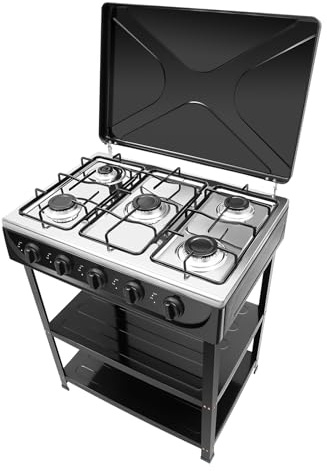 YIEMJS Cocina de gas con 5 llamas, funciona con gas natural, 2,5 kW cada una, independiente en negro, resistente, de hierro, esmaltado y aluminio, fácil montaje, incluye accesorios