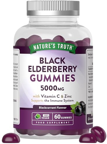 Black Elderberry Gummies 5000mg | with Vitamin C & Zinc | Elderberry Fruit Extract | Blackcurrent Flavour | Vegan | 60 Count | Nature's Truth