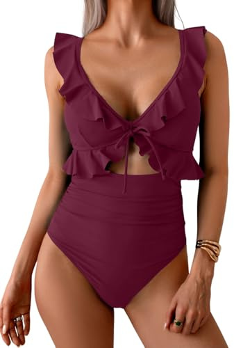 CheChury Bañador Mujer Reductores Barriga Sexy Cuello en V Espalda Expuesta Traje de Baño Una Pieza Talla Grande Vientre Plano Push Up Beachwear Ropa de Baño Manga con Volantes Playa Natacion