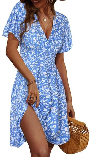 UUAISSO Robe Décontractée pour Femme col V Cache-cœur Robe Fleurie Manches Courtes Robe Midi D'été Trapèze Bleu Fleuri M