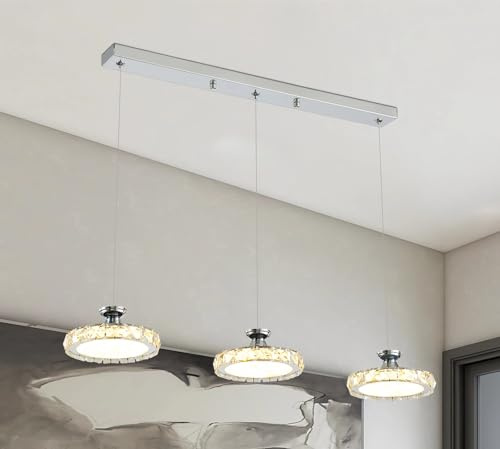 LED Pendelleuchte Kristall 3-Farbe Dimmbar Kochinsel Hängend Esszimmer Lampe Esstisch Leuchte Modern Hängelampe für Büro Bar Hängeleuchte Höhenverstellbar Kronleuchter Silber 36W (50cm, Linear)
