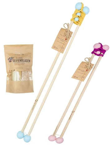Riesenseifenblasen Set für Kinder, Holzstäbe 80 & 50 cm, 5 L Konzentrat | Große Seifenblasen mit Holzstäben in Blau und Rosa, Für Kinder, Garten, Partys und Outdoor Spiele