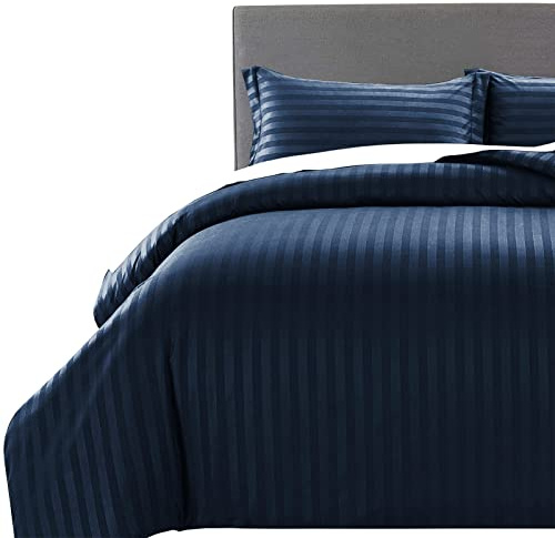 MOONLIGHT20015 Super King Duvet Set Reversible Stripes Satin Bedding Sets with 2 Pillowcases Soft Hypoallergenic Duvet Cover (Navy 260x220)