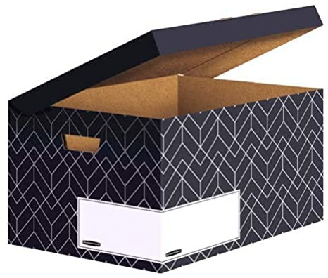 BANKERS BOX Klappdeckelbox, Décor Serie für Büro und Zuhause, sehr stabil, mit Grifflöchern, aus 100% recycelter Wellpappe, Farbe/Motiv: Mitternachtsblau, 5 Stück