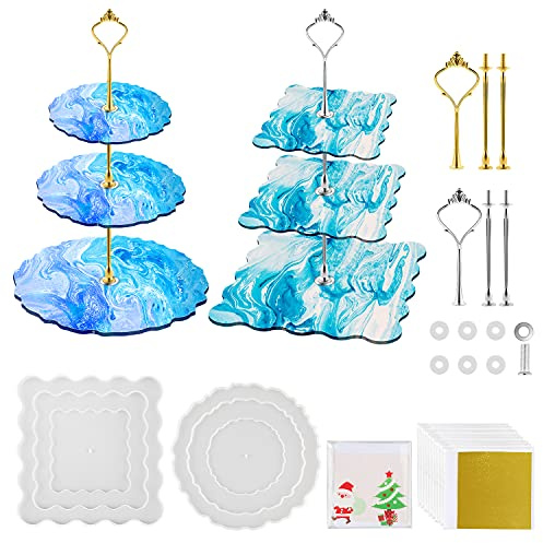 MSDADA 2 Satz Epoxidharz Formen für Ständer, 3-stöckig Kuchenteller Kuchenständer Resin Silikonform Gießform mit Metallstange, Obst Tablett DIY Harz Mold für Handwerk Tortenständer Cupcake Dessert