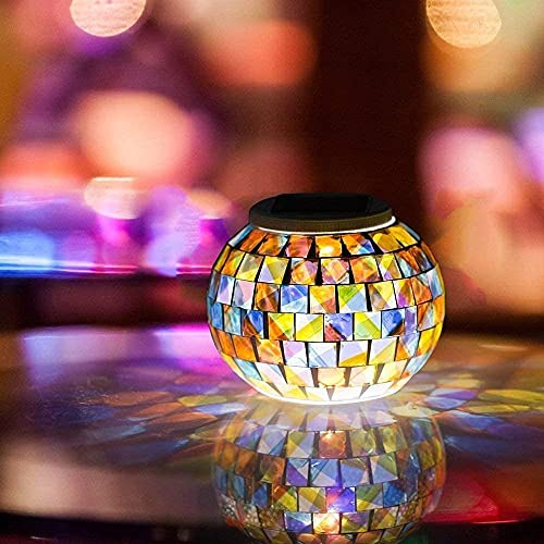 Solar Outdoor Table Lamp, Solar Powered Mosaic Glass Ball Garden Lights Waterproof Color Changing Mood Night Lights for Garden (Colorful)
