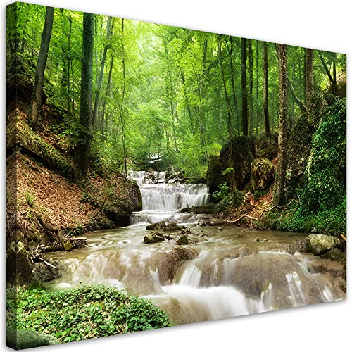 Feeby Impression sur Toile Intissee Rochers Forêt Arbres Nature 120x80 cm Art Image Deco Artistique Salon Esthétique Ruisseau Plantes Cascade Chute d'eau vert