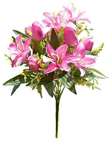 Panonw - Confezione da 2 mazzi di fiori artificiali, tulipani e gigli, realistici e finti, in mini seta, decorazione floreale per casa, ufficio, feste, cimitero (rosa)