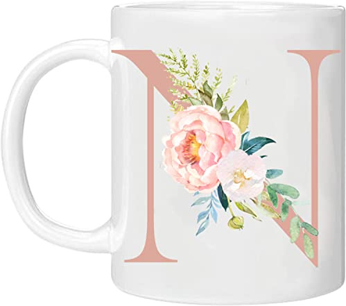 MOBILE STUFF Taza de cerámica personalizable con letra N – Any Alphabet de 11 onzas, taza de café y té de cerámica, regalo para Navidad, cumpleaños, día de la madre, no purpurina real (rosa N)