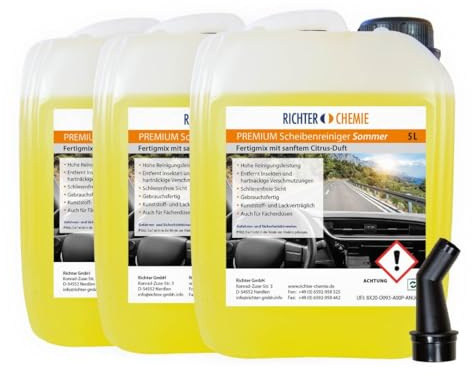 Richter Chemie Scheibenreiniger Sommer Scheibenwischwasser, 3 x 5 Liter | Streifenfreie Reinigung, Gegen Insekten & Teer, Kompatibel mit Fächerdüsen & SRA, Inkl. Ausgießer, Made in Germany