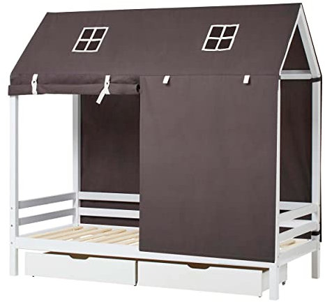 Hoppekids ECO Dream Hausbett | 90x200 | Weiß mit Haustiere Vorhang und Zwei schubladen | FSC®-zertifiziertes massives Kiefernholz aus der EU | Entworfen in Dänemark