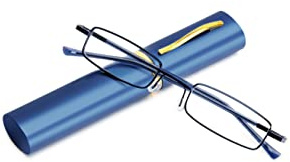 KoKoBin Flexibel Metall Lesebrille Sehhilfe Federn-Scharnier Lesehilfe Unisex Lesegerät mit Brillenetui wie Stifthalter (Blau, 1.5)