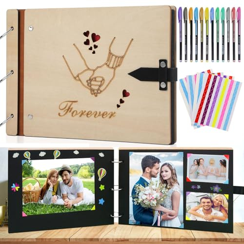 SEEALLDE Album Fotografico Scrapbooking in Legno 60 Pagine Nere Libro degli Ospiti di Nozze Regalo di Natale di Compleanno