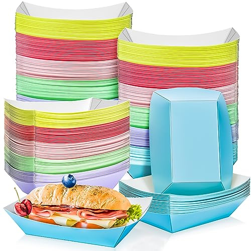MotBach 120 Pack 2LB Colorful Paper Food Boat Trays Disposable Paper Boats Containers, Colored Kraft Food Serving Boat Tray Basket for Snack Popcorn Sandwich Burger BBQ Hot Dog Taco Fries Nacho