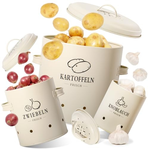 GREELUE Premium Kartoffel Aufbewahrungsbox [3er Set], Kartoffeln, Zwiebeln und Knoblauch Aufbewahrung, Hält Gemüse Länger Frisch (SET01-Beige)