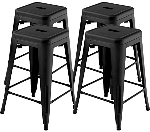 COSTWAY Set di 4 Sgabelli da Bar senza Schienale da 61/76 cm, Sgabelli in Metallo Impilabili con Poggiapiedi per Cucina, Sala da Pranzo e Bar (41 x 41 x 61 cm, Nero)