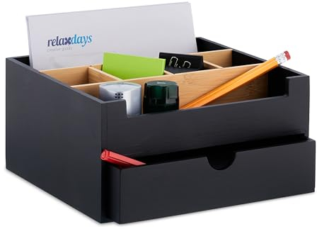 Relaxdays Schreibtisch Organizer, 1 Schublade, 6 Fächer, Bambus, HxBxT: 13x26x23,5 cm, Büro-Organisator, schwarz/Natur