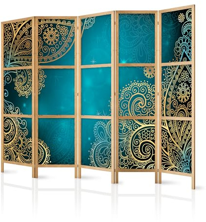 murando - Paravent Raumteiler Holz Blätter, 225x172 cm, 5-teilig, modern | Mobiler Sichtschutz, sofort einsatzbereit, Holzrahmen, ideal fürs Wohnzimmer oder Büro, geruchsneutral, lichtbeständig