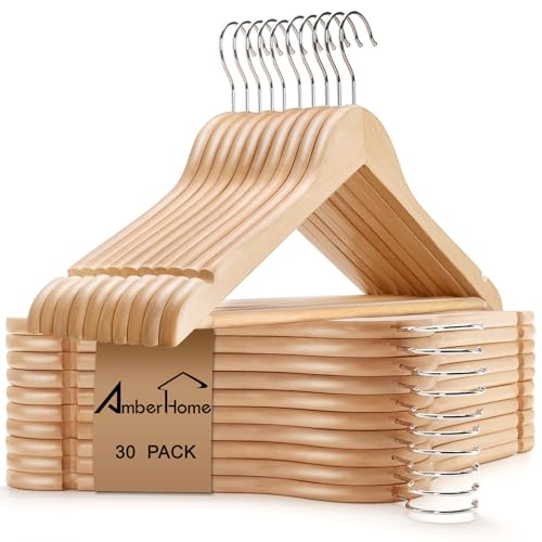 Amber Home 30 Unidades 44,5cm Perchas de Madera Natural, Robusta Percha para Camisetas Camisas Trajes Abrigos Vestidos Tirantes Bodas, con Varilla y Ranuras