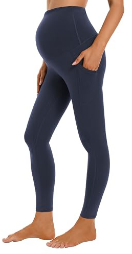 Gowjog Leggings de maternidad para mujer, opacos, cintura alta, elásticos, para yoga, entrenamiento, activos, embarazo, maternidad, deportes, con bolsillos, azul oscuro, L