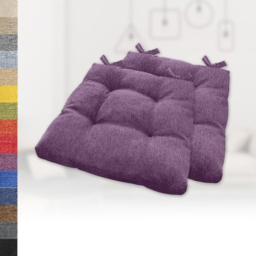 Lsjoaw 2er Set Sitzkissen 55x55x6cm Gemütliche Stuhlkissen mit Bindebänder Polster Auflage Sitzpolster Stuhlauflage Sitzpolster für Gartenstuhl Küche oder Esszimmer Quadrat Leinenimitat Lila