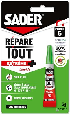 Sader Colle Multi-Usages Répare Tout Extrême + – Extra Forte Tous Matériaux – Super Glue Liquide – Intérieur/Extérieur – Réparation – Sans Odeur Ni Solvant – Transparente – Tube de 3g