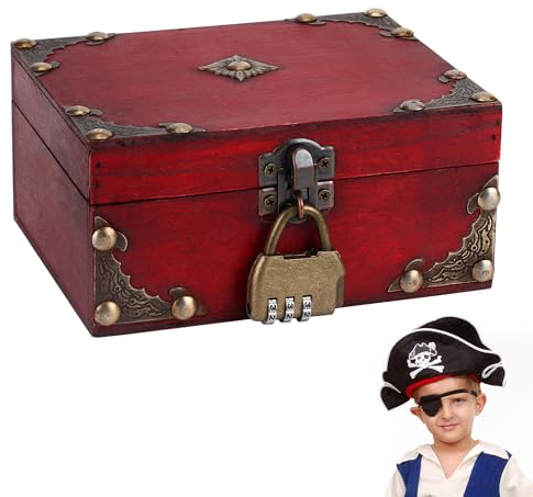 HO-SFSM Schatzkiste Holz, Holz Aufbewahrung Schatzkiste mit Zahlenschloss, Vintage Holztruhe Piratenkiste für Aufbewahrung und Dekoration (15 x 12 x 7cm)
