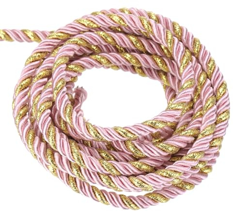 sourcing map Twisted Cord Trim, 16 Yard 5mm 3-Ply Twine Braided Rope Shiny Thread String for Craft Gift Bag Curtain Christmas Decor, Pink & Gold-15m