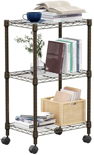 MZG Hylla med 3 hyllplan metallförvaringshyllor trådställ garderob organisatörer med hjul för garage kök badrum tvätt brun 30 cm D x 45 cm B x 75 cm H