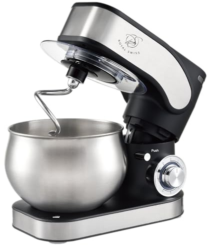 Royal Swiss Robot de Cuisine 1300W – Bol Inox 5L, Mouvement Planétaire, 6 Vitesses + Pulse, Fouet, Crochet à Pâte et Batteur Plat – Mixeur Puissant pour Pains, Gâteaux, Crèmes et Sauces
