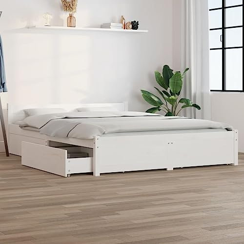 Cozynest Bett mit Schubladen Holzbett Massivholzbett Bettrahmen Bettgestell Doppelbett Schlafzimmerbett Schlafzimmermöbel Weiß 140x200cm